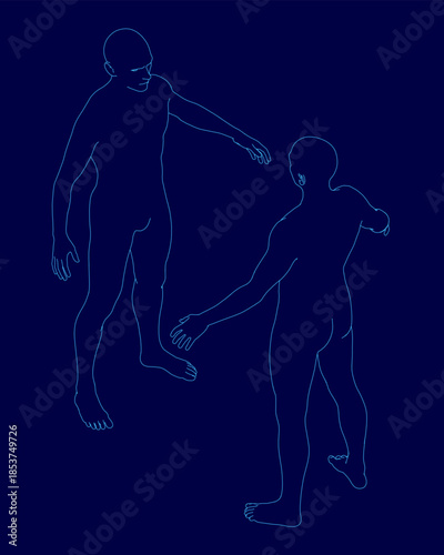 A realistic male character silhouette, their blue contours intertwined in graceful harmony against a solid contrasting background. Isometric view