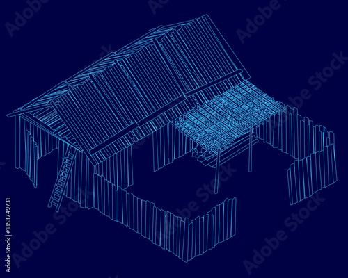 Old wooden barn model with a pitched roof, ladder, and fence contour against a solid blue background. Isometric view