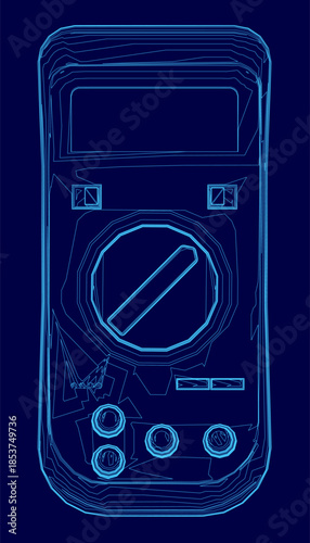 A blue contour drawing of a handheld game console shaped like a vintage tape recorder sits on a dark blue background. The rectangular device features several small buttons on its front panel.