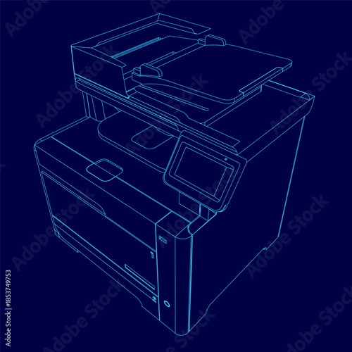 A detailed blueprint of an office printer or MFP device, showing its internal components and external contour on a solid blue technical background.