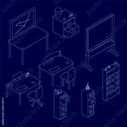 A minimalist office furniture prop pack with desk and chair outlines in blue on a dark background. This contour interior set is ideal for design projects. Isometric view