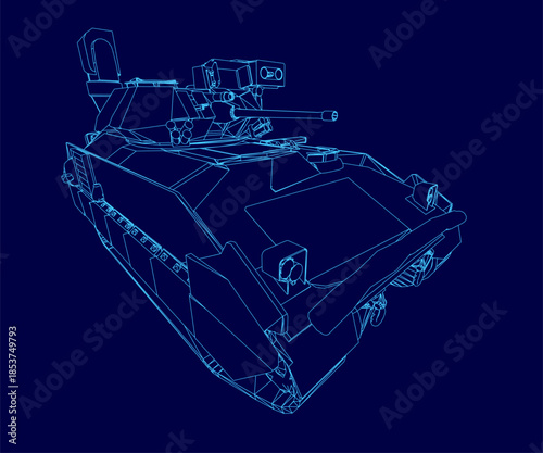 Blueprint of an armored vehicle in white contour lines on a solid blue background, part of a military set.