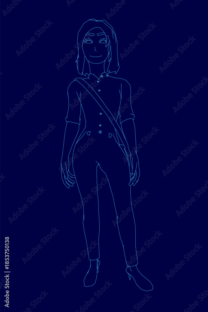 Fototapeta premium A confident woman in a deep blue dress and neat bun stands against a dark background. She carries a bag, her hands clasped and gaze directed to the side with a slight smile.