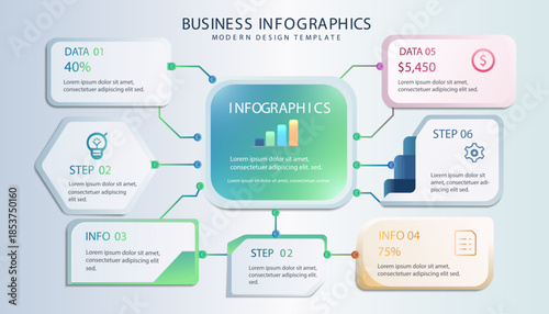 Business infographic template with connected information cards, icons, and data blocks around a central panel on a light background. Vector layout for presentations, reports, and corporate communicati