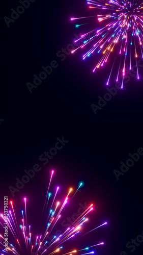 Vertical neon fireworks corners composition 3D render