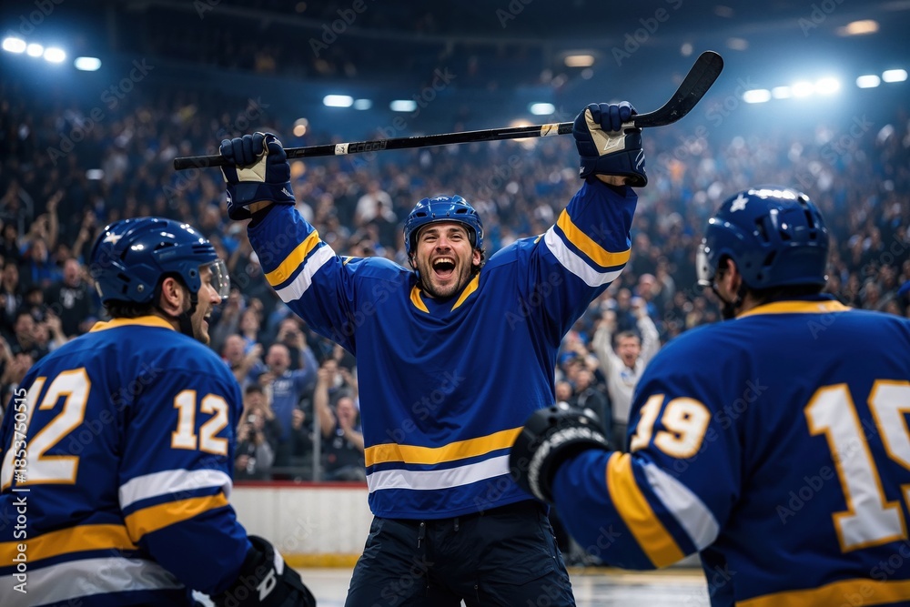 Obraz premium Ice hockey team celebrating win on rink after match. Concept of championship promotion, sports success visuals, team achievement branding, competitive league marketing, event highlight content.