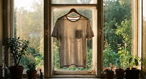 Clean T Shirt Hanging In A Bright Sunny Window With Potted Green Plants
