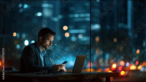 Businessman Working Late Night on Laptop and Phone Data Connection