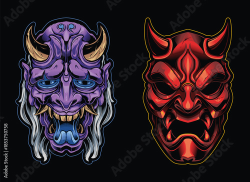 Japanese Oni Demon Mask Illustration - Red and Purple Hannya Vector