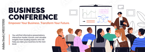 Web banner design of business training or conference. People listening to coach, trainer at seminar. Advertising template of lecture from speaker, career mentor for employees. Flat vector illustration