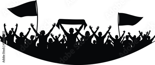 Crowd celebration silhouette with flags, cheering people illustration, victory rally concept, protest support, sports fans, unity, success, black white art