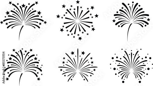 Fireworks silhouette set, celebration explosion icons, festive decorative elements, holiday party symbols, abstract burst shapes, black and white illustration