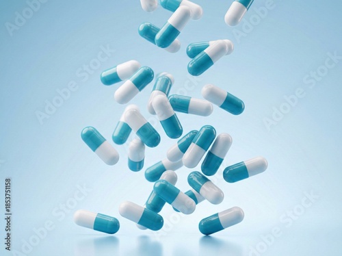Floating Medical Pills Representing Health and Pharmacy Industry Against Blue Backdrop