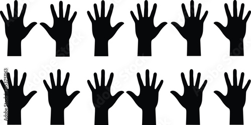 Hand silhouettes set illustration, raised human hands collection, gesture symbols, volunteer support concept, black and white icon graphic elements
