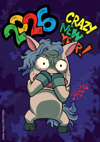 Crazy Cartoon Horse Vector Illustration for 2026 New Year, Funny Comic Character