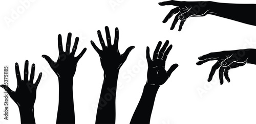 Human hands silhouette collection, raised and reaching gestures, black vector illustration, communication help teamwork concept, isolated on white background
