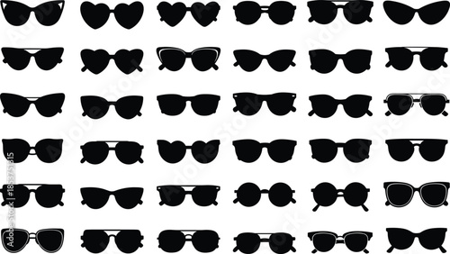 Sunglasses silhouettes set illustration, various eyewear styles collection, fashion accessory icons, modern optical designs, black and white graphic elements