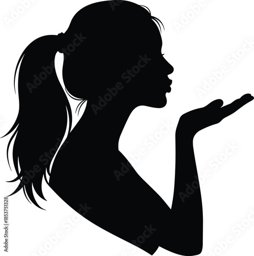 Woman blowing kiss silhouette illustration, female profile gesture, romantic beauty concept, elegant fashion pose, black and white minimalist graphic design
