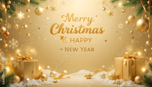 Merry Christmas and Happy New Year Golden Banner with Gift Box, Ribbon, and Festive Holiday Decorations