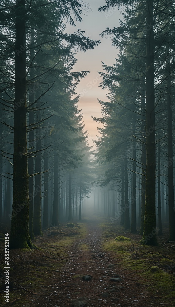 Fototapeta premium Forest path winding through tall evergreen trees shrouded in mystical fog, creating an atmospheric and serene natural landscape with soft light.
