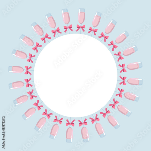 Circular Valentine illustration with pink glass with a drink and bows forming a wreath on pastel blue. Decorative romantic design for cards, decor, invitations and festive themes