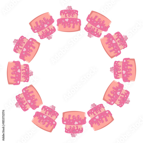 Circular Valentine illustration with pink frosted cakes and heart decorations forming a wreath. Sweet romantic design for cards, decor, invitations and festive themes with a pastel look