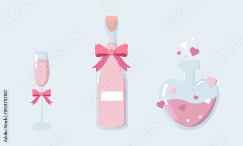 Valentine illustration with champagne flute, bottle and heart potion in pink pastel style. Festive romantic design for cards, decor, invitations and sweet celebration themes