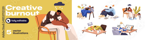 Concept set of creative and emotional burnout. Depressed art people with crisis in work. Exhausted and sad men and women with despair, stress, problems. Flat isolated vector illustrations on white
