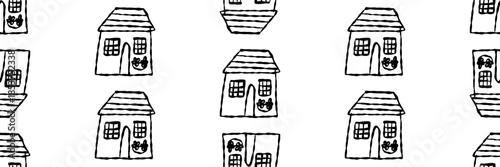 Cute seamless pattern with hand drawn homes in minimal doodle style. Scandinavian wallpaper with simple black outline. Vector illustration on an isolated background.