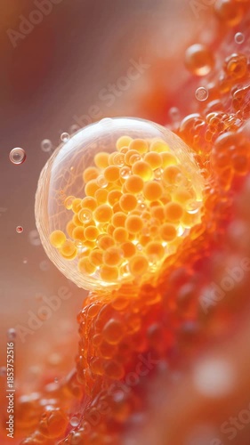 Microscopic view of human adipose cells, orange lipid droplets in soft tissue, cell microscopy, metabolism research, health science, hormonal signaling, energy storage, insulin resistance