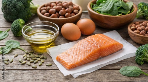 Nutritious food items for a balanced healthy lifestyle including salmon eggs nuts and greens