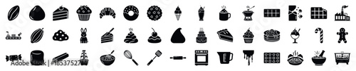 A collection of black icons featuring chocolate, sweets, desserts, and baking tools. This versatile set is perfect for menus, food blogs, packaging, and culinarythemed web applications.