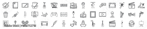 A large collection of line icons representing various arts, entertainment, and creative hobbies. Perfect for user interfaces, infographics, and presentations on culture and leisure activities.