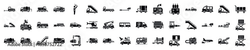 A set of black icons representing airport ground support equipment. This collection includes various service vehicles used in aviation for transport and logistics.