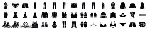 Set of clothing icons in a simple glyph style. Includes outerwear, pants, dresses, underwear, and accessories. Useful for ecommerce websites and mobile applications.