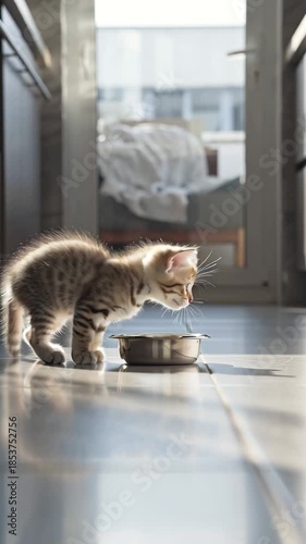 Adorable little kittens playfully run to a bowl in the kitchen