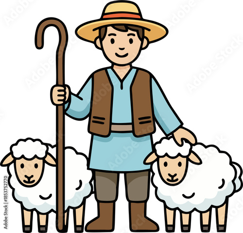 Shepherd with Two Sheep Cartoon Illustration – Cute Farmer Character in Blue Tunic and Brown Vest Holding Staff, Flat Pastel Style Isolated