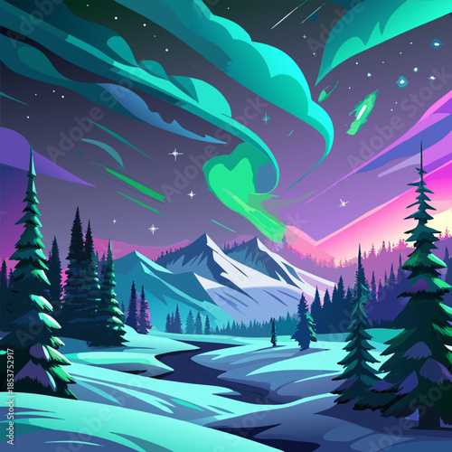 A vibrant aurora borealis illuminates a snowy mountain landscape at night