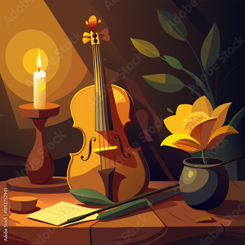 Still life with violin, candlelight, and flower in warm tones