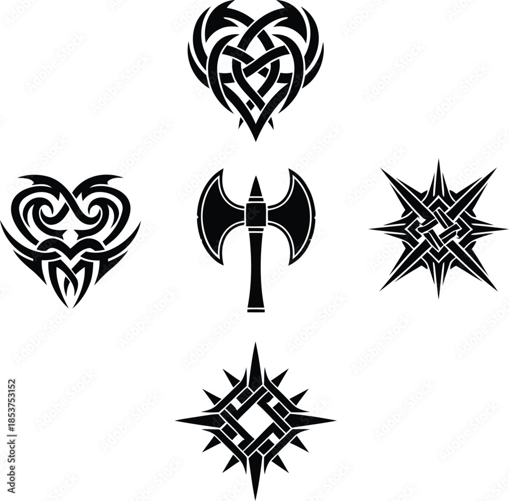 Obraz premium Vector set of tribal heart celtic knot ornaments star symbols and viking battle axe for tattoo designs and logo icons.