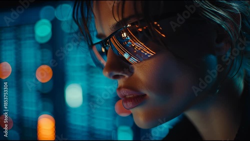 Cyberpunk Woman with Reflective Glasses Neon Night Closeup