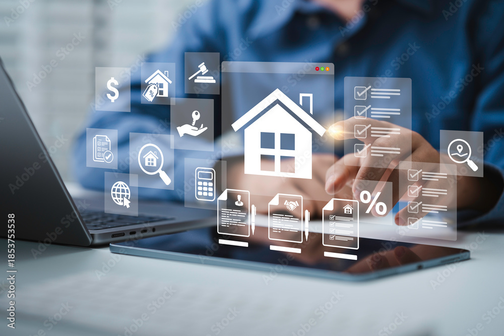 Fototapeta premium Real estate technology concept for home sale or buy and rent with digital property management, mortgage documents, home loan approval, online contract. realty appraisal services.