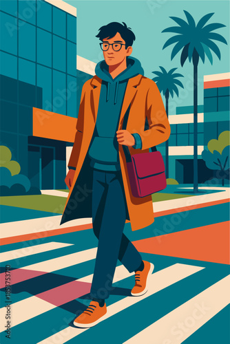 Stylish Man Walking On City Crosswalk Illustration