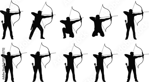 Archery archer silhouette set, bow arrow shooting poses, black vector illustration collection, isolated sport action figures icons, design graphic elements