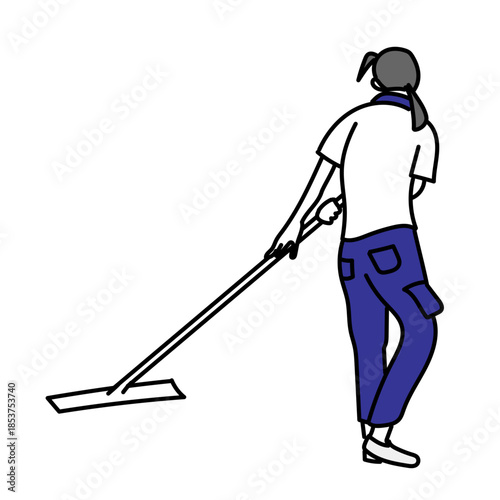 清掃員がモップで床を清掃する後ろ姿を描いたイラスト｜施設やオフィスの清潔を保つ日常業務を落ち着いたタッチで表現した人物