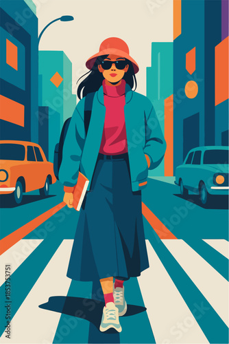 Fashionable Woman Walking On Urban Street Illustration