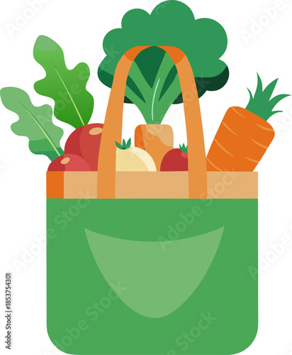 Flat vector of a reusable cloth tote bag filled with fresh organic vegetables (carrot, broccoli), white background.