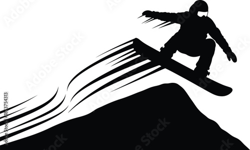 Silhouette of a snowboarder catching big air while executing a dynamic jump off a snowy mountain peak in stark black and white