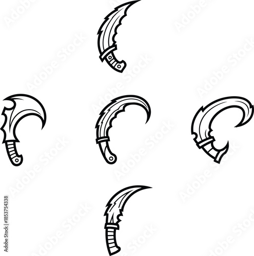 Kerambit knife and curved blade weapon vector set with sharp serrated edges in black and white line art for game asset design.