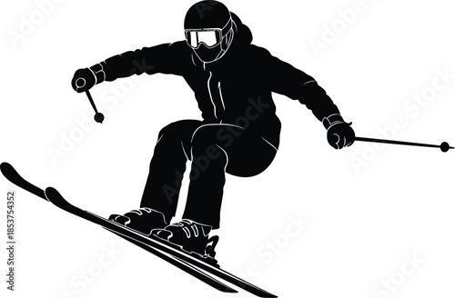 Silhouette of a skier wearing a helmet and goggles performing an aerial jump with ski poles against a white background